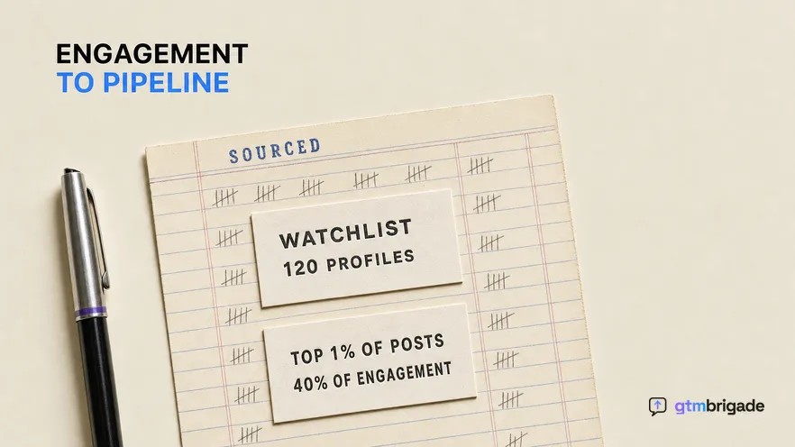 An overhead flat-lay of a printed buyer watchlist on warm cream paper, with a rubber-stamped pipeline figure beside it
