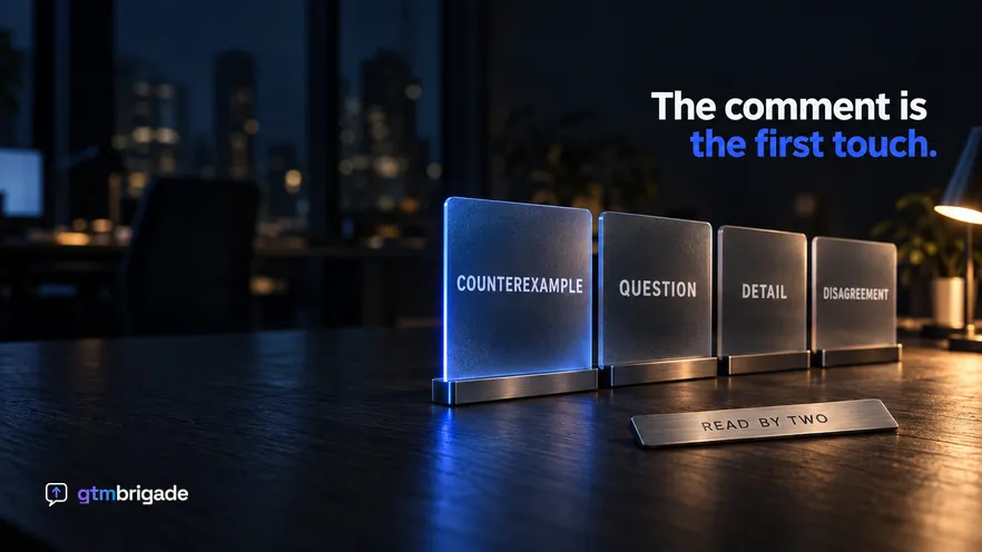 A darkened desk at night where four upright frosted glass panels stand in a receding row, each printed with one comment type, the nearest lit blue and the rest dimmer behind it