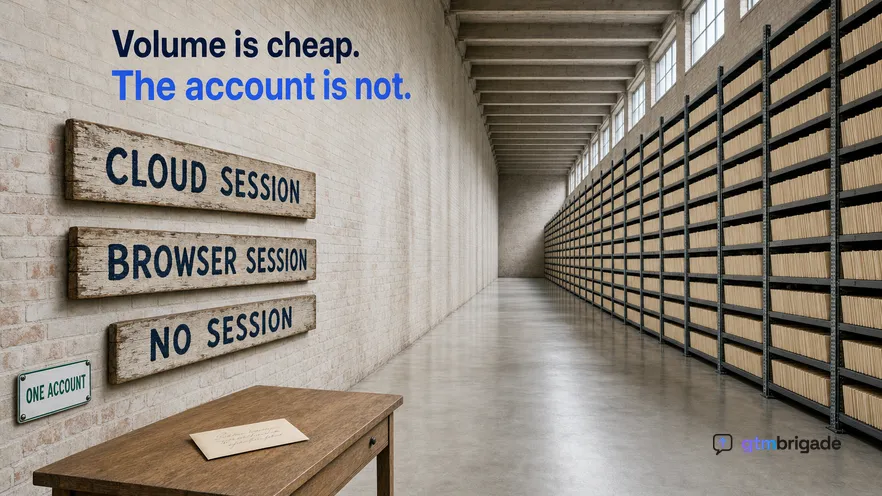 A wide daylit sorting hall in strong one-point perspective with racks of identical sealed envelopes receding down both sides, three hand-painted boards hung along the left wall, and a single hand-addressed envelope on a bare desk in the foreground
