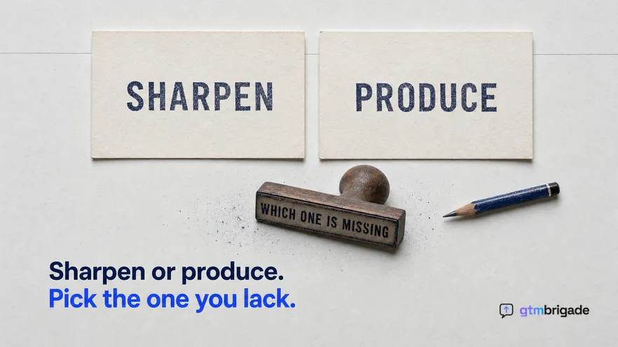An overhead flat-lay on pale ruled paper of two cream index cards laid side by side and not overlapping, rubber-stamped SHARPEN and PRODUCE, with a worn wooden-handled stamp below them