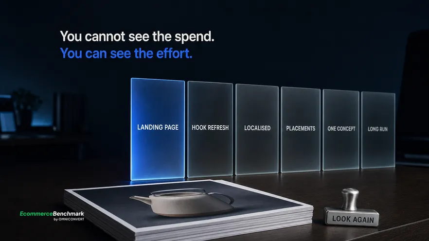 A dark office desk at night lit only by screen glow, a squared stack of identical printed poster proofs for one fictional product at the front, and behind it six upright frosted glass panels standing in a shallow arc, the nearest lit blue and the rest dimmer and further back, each panel carrying one printed signal name