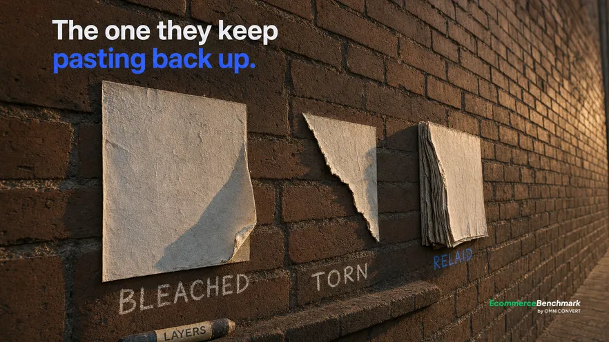 A low three-quarter view at warm dusk along a weathered brick paste-up wall, two sun-bleached curling fly posters beside one position built up from many layers of repasted sheets, with short grease-pencil words marked on the brick beneath each