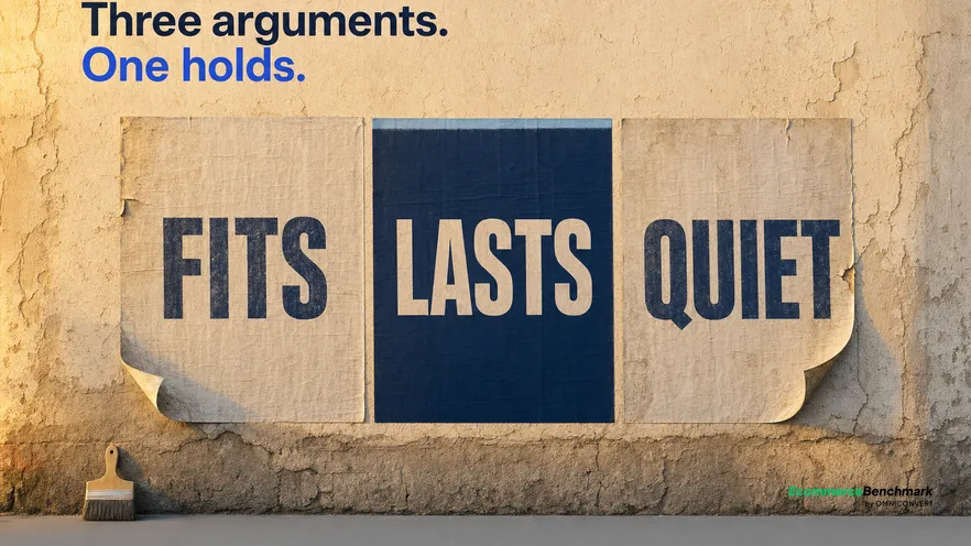 A weathered exterior paste-up wall at dusk where three fictional poster panels for the same product each carry a different painted argument, the middle one fully pasted and the outer two peeling at one corner