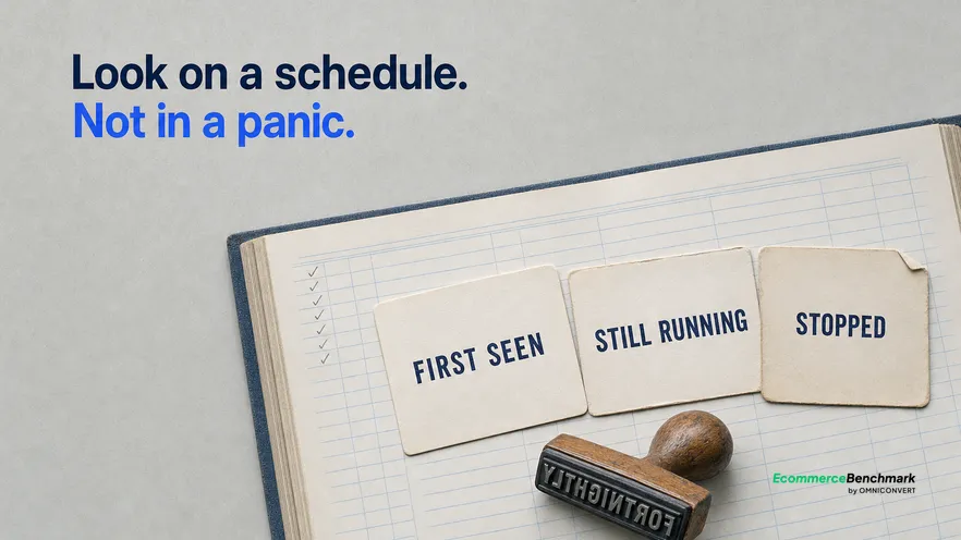 A directly overhead flat-lay in cool even daylight of a pale grey desk surface carrying an open ledger with ruled observation rows, six printed index cards laid in a neat row each stamped with one short field word, and a wooden date stamp resting beside them