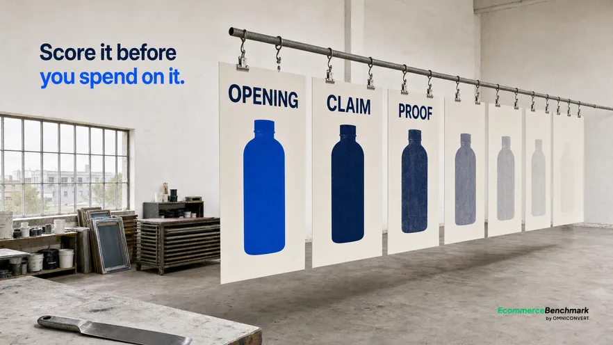 A wide daylight view of a working print studio where eight fictional poster panels for the same product hang from a drying rail at descending heights, the nearest fully printed and the furthest showing only its first printed layer