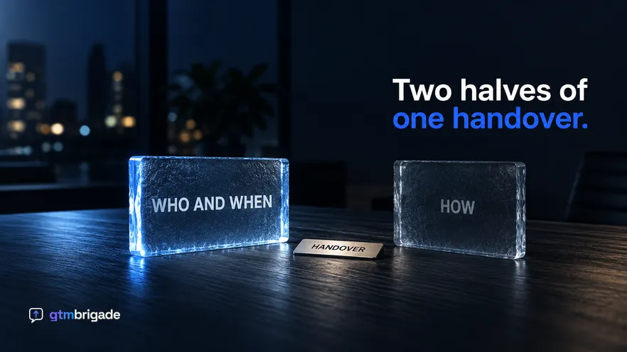 A dark night-time desk under cool screen spill with two upright frosted glass panels standing apart, one sandblasted WHO AND WHEN and the other HOW, with a clear gap between them