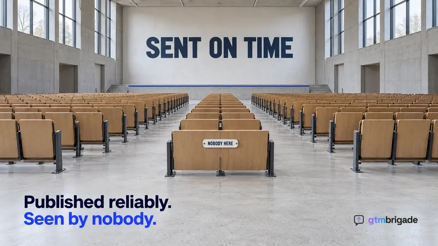 A wide daylight interior of a tall empty auditorium in strong one-point perspective, with a long painted wall line reading SENT ON TIME and a small enamel plate on a seat in the foreground