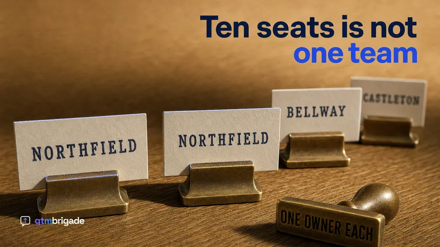 An extreme macro under raking light of four brass name-plate holders standing on a warm oak surface, the nearest two carrying identical stamped cards while the two behind carry different ones