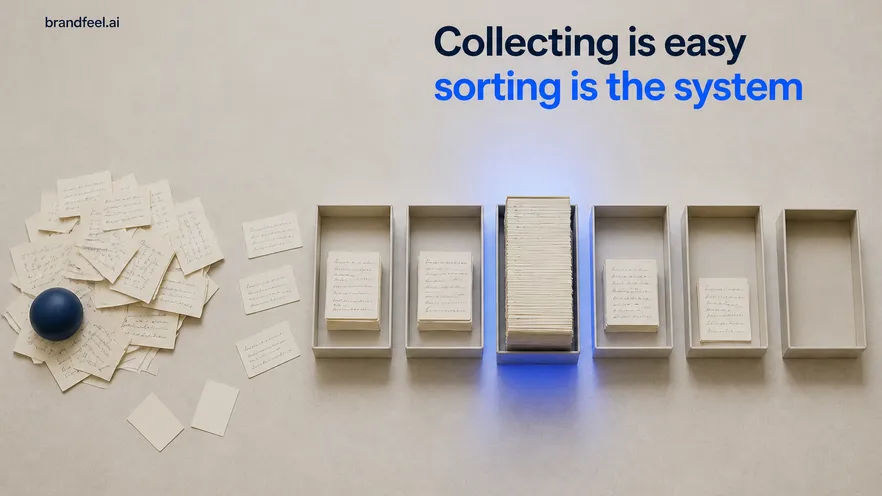 A packing-room shelf of returned product cards sorted into labelled theme trays, one tray visibly fuller than the rest and lit in blue
