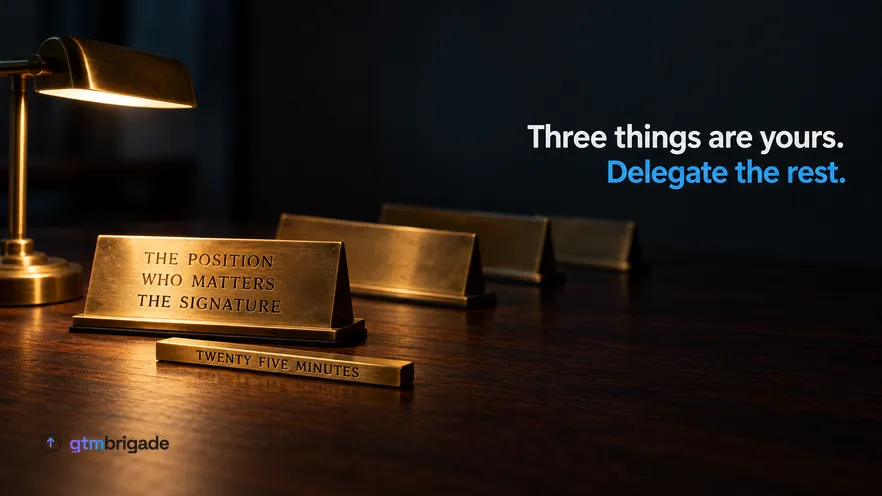 A dark desk at night where one brass desk nameplate sits sharp and lit under a single lamp while three plain unlit nameplates lie further back in shadow, and a small engraved bar in the foreground carries one line