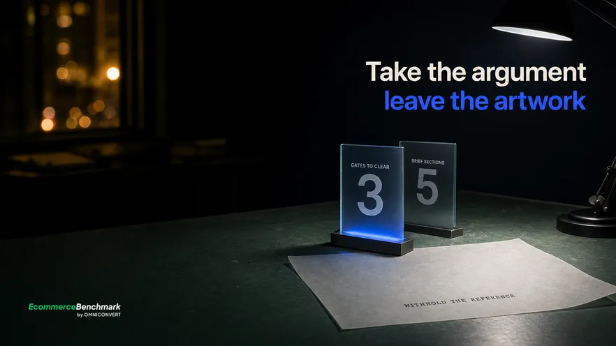 A dark night studio desk lit by screen glow with two upright frosted glass panels, the forward one lit blue carrying the number of gates an adapted ad must clear and the one behind carrying the brief section count