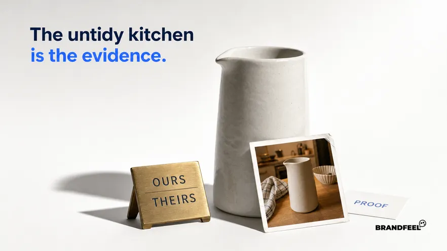 A hard-lit editorial studio shot of one plain white ceramic jug on a seamless pale sweep, with a small ordinary snapshot print of the same jug on a cluttered kitchen worktop propped against its base beside a museum-style spec plate