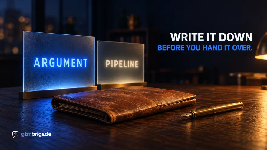 A dark oak table lit by warm low lamplight, a worn tan leather document wallet in the foreground and two upright frosted glass panels behind it etched ARGUMENT and PIPELINE, the left one lit blue and forward